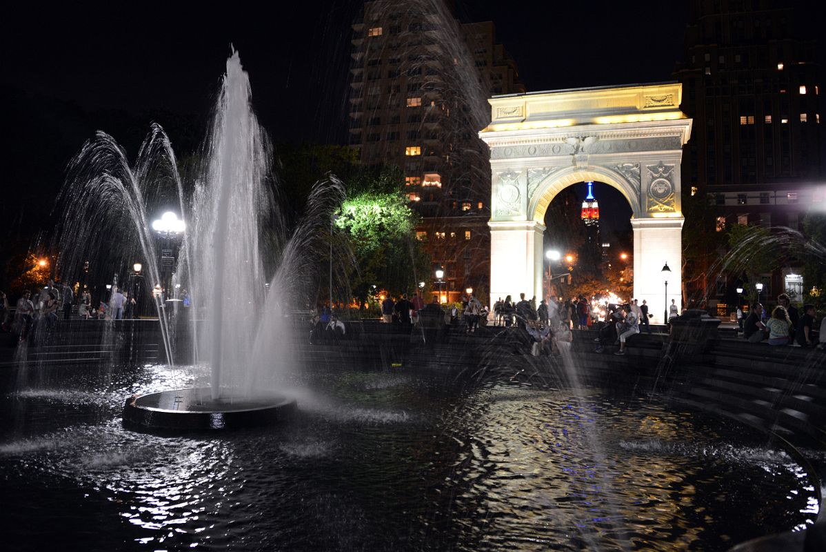 26 New York Washington Square Park Fountain And Washington Arch At Night With Empire State Building
